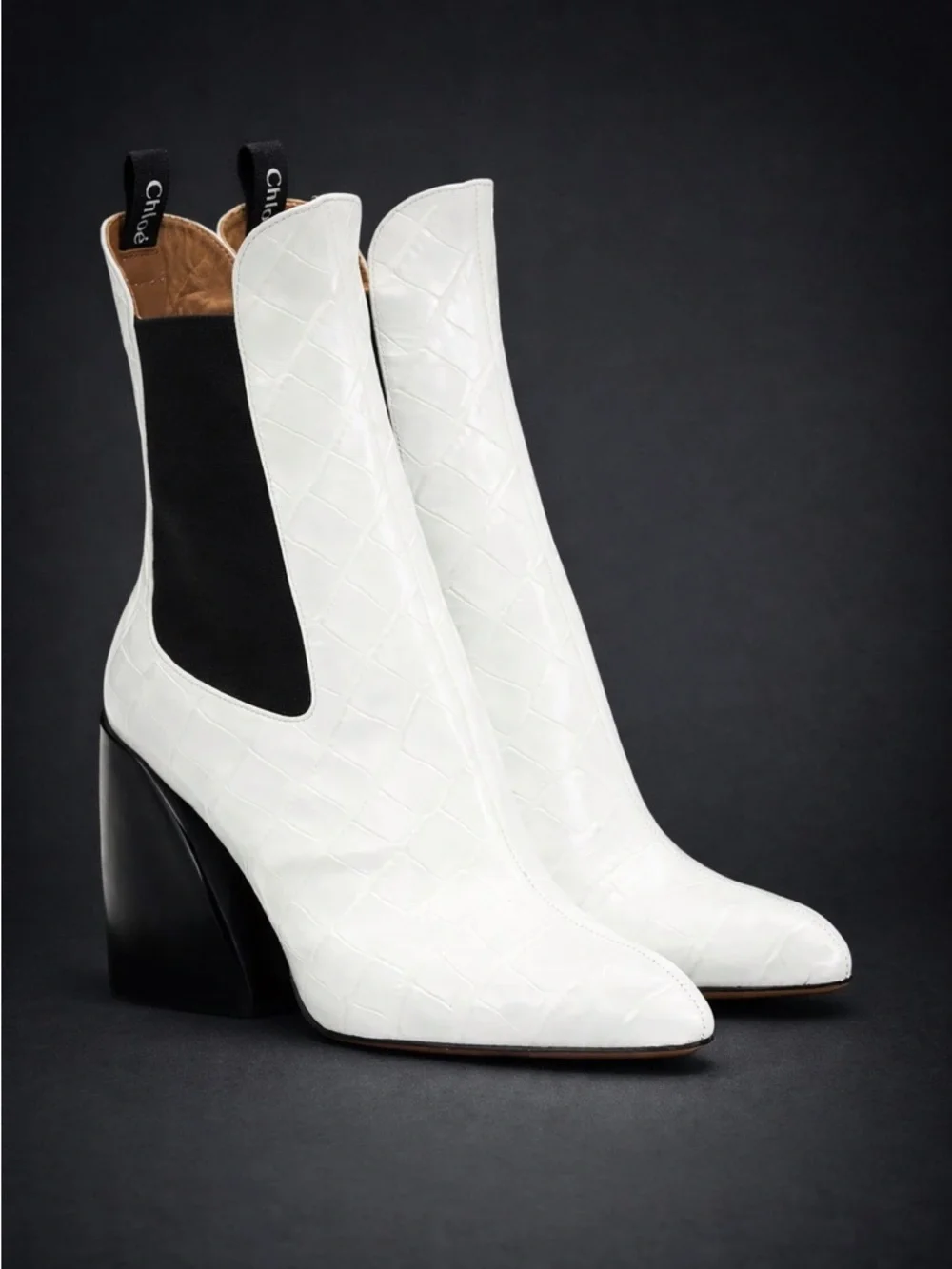 Chloé White Wave Leather Chunky Heeled Booties Size 39